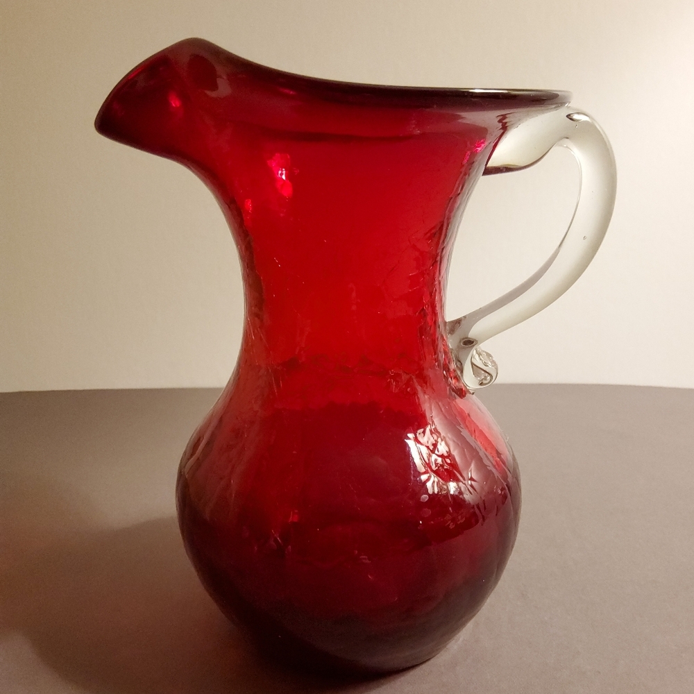 Ruby Crackle Glass Pitcher - Attributed to Pilgrim Glass - 1960's